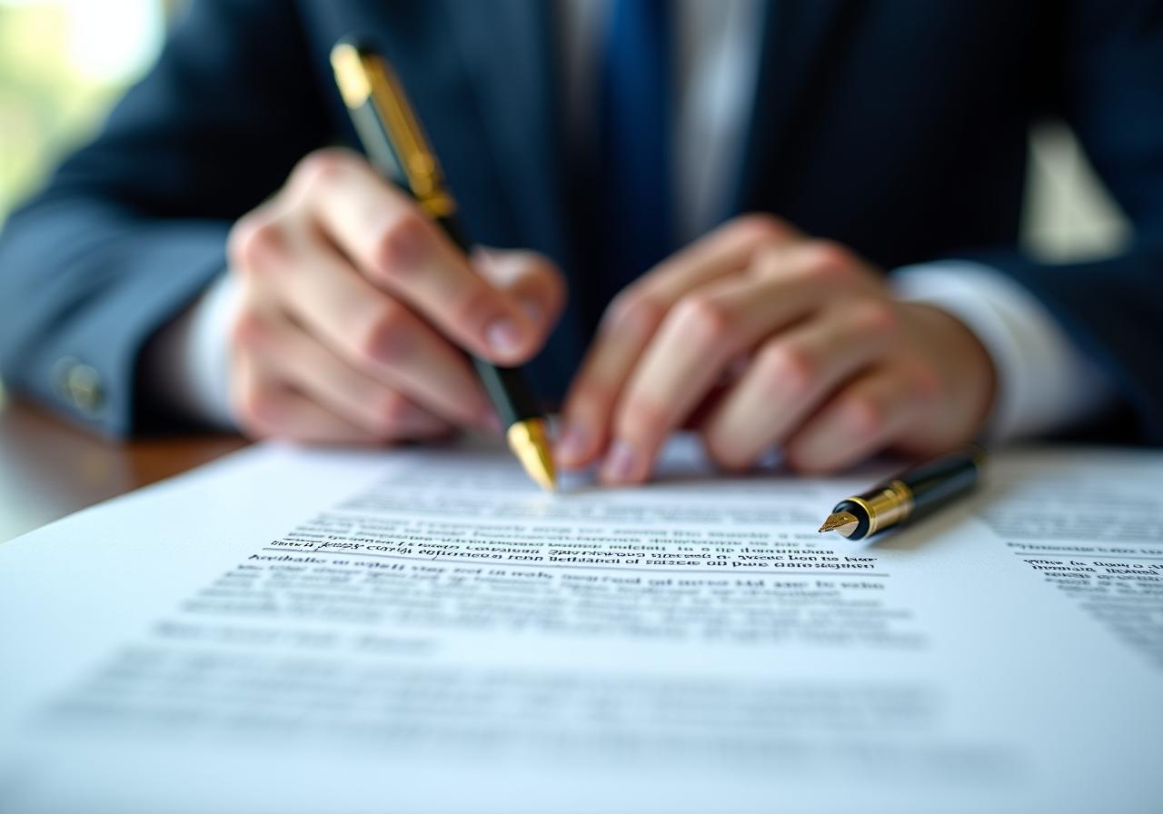 Close up of a professional lawyer reviewing a complex business contract with a fountain pen